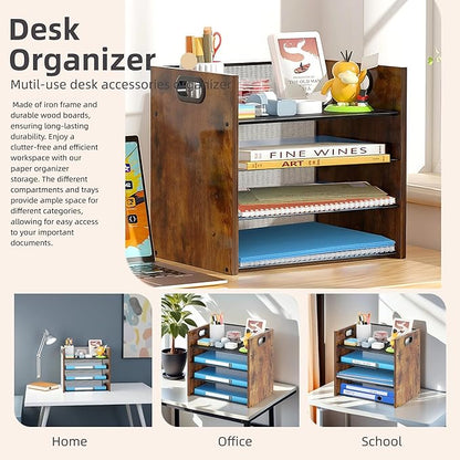 Wood Desk Organizer - 4-Tier Desktop File Organizer, Wooden Paper Organizer, Office Desk Organization for Accessories, Papers, Mail, Notebooks, Stationery