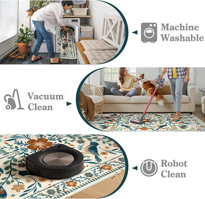Moynesa 3x5 Entryway Rug Indoor, Modern Bohemian Washable Non-Slip Low Pile Area Rug for Kitchen Bedroom Entry,Lightweight Foldable Farmhouse Floral Bird Print Pattern Carpet Retro Home Decor