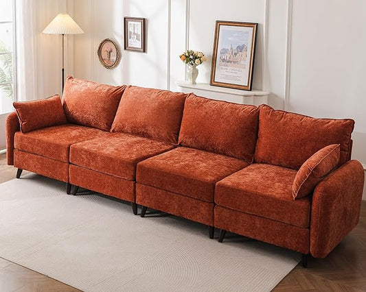 135'' Modular Sectional Sofa with Seats Storage,Oversized 4-Seater Comfy Cloud Couches with Deep Seat,Sectional Couches for Living Room,Apartment,2 Throw Pillow,Chenille,Orange