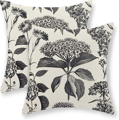 Black Pillow Covers 18x18 Set of 2 Vintage Boho Floral Hydrangea Herbs Botanical Throw Pillow Cover Outdoor Flower Decoration Pillowcase Linen Farmhouse Cushion Case Decorative for Couch Sofa