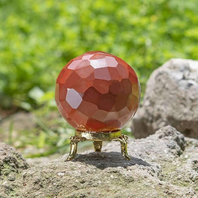 Crocon 50mm Red Jasper Diamond Cut Stone Sphere Ball with Metal Stand 1400+ Carats Gemstone Ball Healing Ornament Rock Sphere Sculpture Figurine for Fengshui Divination Crystal Home Decor Photography
