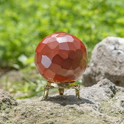 Crocon 50mm Red Jasper Diamond Cut Stone Sphere Ball with Metal Stand 1400+ Carats Gemstone Ball Healing Ornament Rock Sphere Sculpture Figurine for Fengshui Divination Crystal Home Decor Photography
