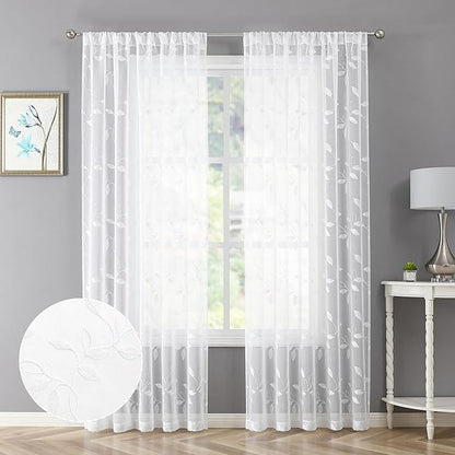 Tollpiz White Leaf Sheer Curtain Leaves Embroidered Living Room Curtains Rod Pocket Voile Window Treatment for Bedroom, 54 x 72 inches Long, Set of 2 Panels