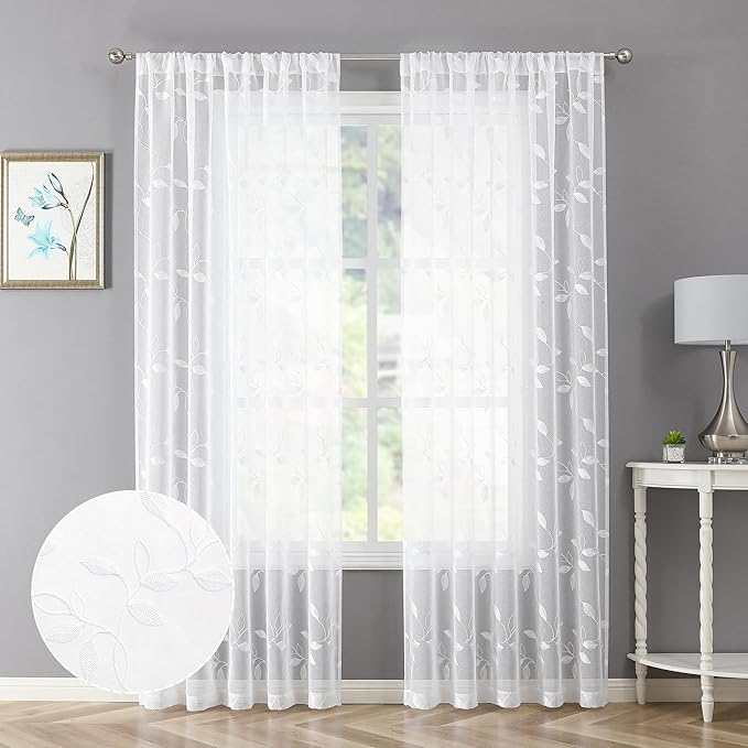 Tollpiz White Leaf Sheer Curtains Leaves Embroidered Bedroom Curtain Rod Pocket Voile Window Treatment for Living Room, 54 x 84 inches Long, Set of 2 Panels