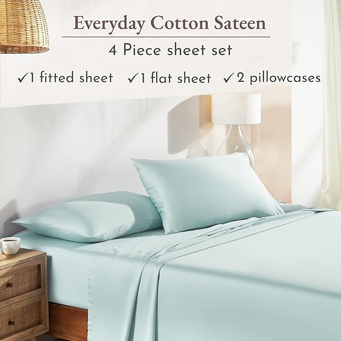 California Design Den Natural 100% Cotton Sheets Full Size Bed Set with Deep Pockets - Soft Sateen Weave, Durable Full Size Sheets (Seafoam)
