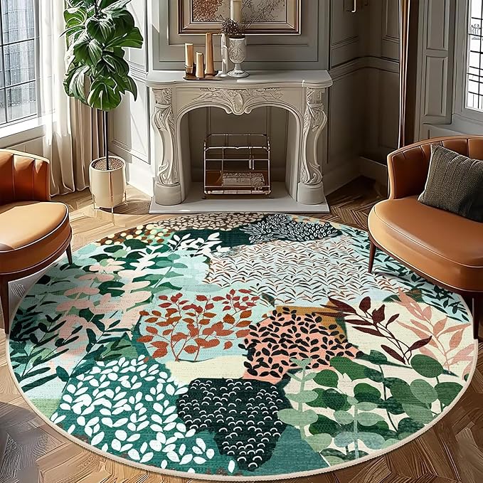DEXDE Large Round Rug 9ft Washable Circle Area Rugs, Non Slip Low Pile Boho Floral Circular Carpet for Bedroom Bathroom Entryway Kids Room Office Dining Room, Dark Green