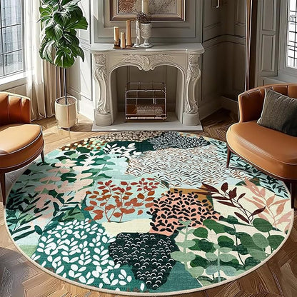 DEXDE Large Round Rug 9ft Washable Circle Area Rugs, Non Slip Low Pile Boho Floral Circular Carpet for Bedroom Bathroom Entryway Kids Room Office Dining Room, Dark Green