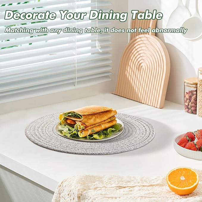8 Pack Round Woven Placemats 13.5 Inches Heat Resistant Placemats Farmhouse Cotton Rope Braided Place Mats for Dining Tables Trivets for Hot Dishes, Light Grey