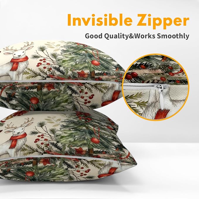 Christmas Pillow Covers 24x24 Set of 2 Green Tree Throw Pillow Covers Winter Pillowcase Linen Decoration Farmhouse Bell Deer Cozy Soft Cushion Case Couch for Indoor Outdoor Home Decor