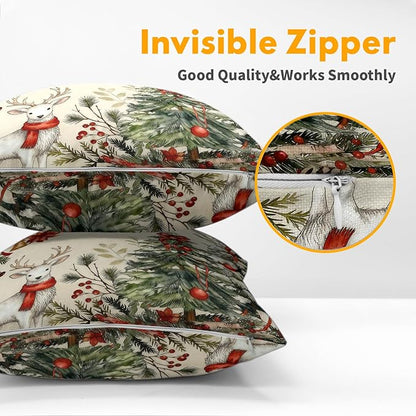 Christmas Pillow Covers 22x22 Set of 2 Green Tree Throw Pillow Covers Winter Pillowcase Linen Decoration Farmhouse Bell Deer Cozy Soft Cushion Case Couch for Indoor Outdoor Home Decor