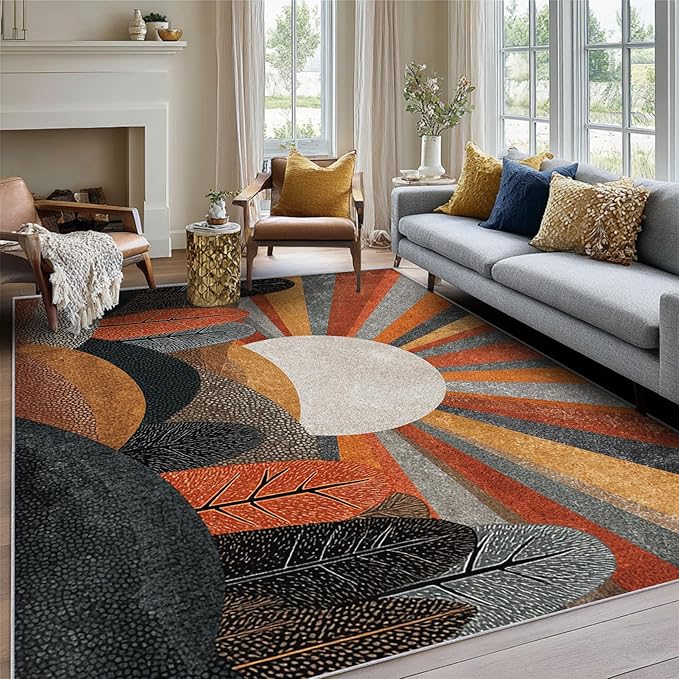 Bohemian Rug, 4x6 Area Rugs Abstract Forest Sun Tree Pattern for Living Room, Bedroom, Bohemian Home Decor Accessories Indoor Carpet, Non Slip & Machine Washable
