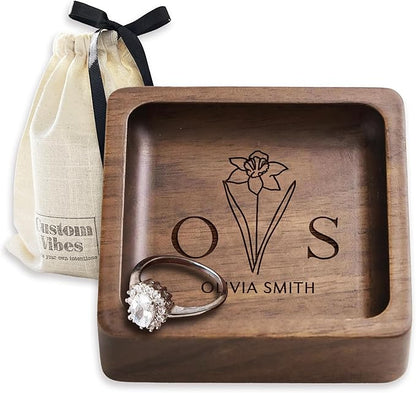 Walnut Wood Ring Holder (Customize), Engraved Jewelry Dish and Storage Tray, Personalized Gift for Her, Valentine’s Day Gift