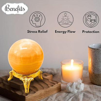 Amazing Gemstone Yellow Calcite Banded Crystal Ball with Stand - 1.5" Inches Crystal Sphere Meditation Balls for Witchcraft and Decorative Balls