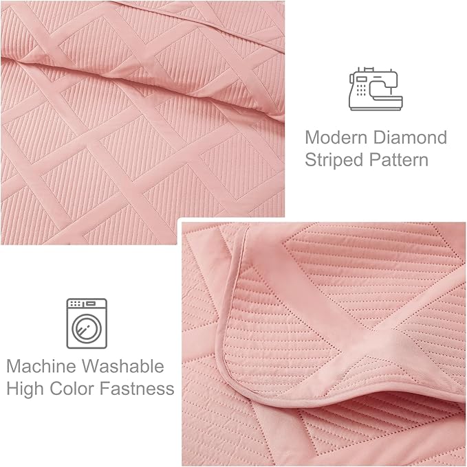 Exclusivo Mezcla Oversized King Quilt Set- Blush Pink Cal King Quilts Bedding Set with 2 Pillow Shams, Modern Bedspread with Striped Pattern, Soft Lightweight Bedspreads Coverlets for All Seasons