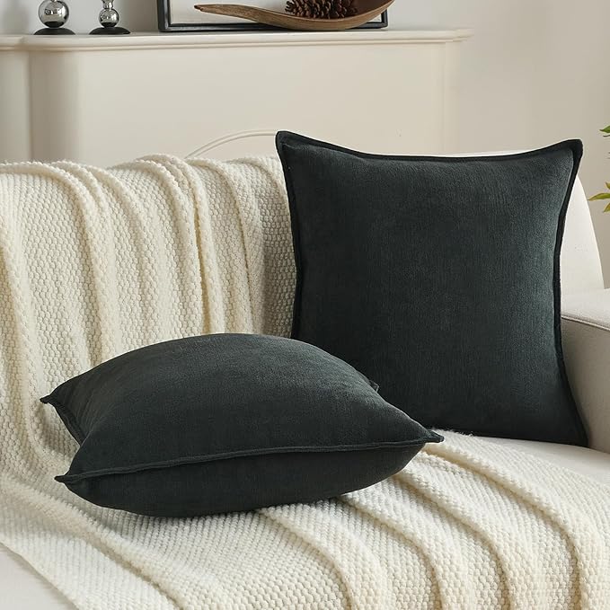 FUTEI Black Chenille Throw Pillow Covers 26x26 Inch Set of 2,Edges Double-Stitched Euro Pillow Shams,Modern Home Decor for Couch Living Room