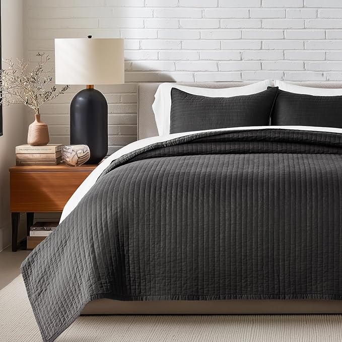 EVERGRACEHOME Cotton Sateen Quilt Set Queen Size, Pre-Washed Cotton Channel Stitch Coverlet Bedspread, 3 Pieces Lightweight Soft Bedding Sets for All Season, with 2 Pillow Shams, Washed Black