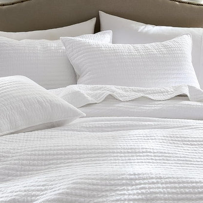 WDCOZY 100% Cotton King Size Quilt Set - White Striped Pick Stitch Soft Lightweight Bedspread, Textured Like Linen, Farmhouse Country Rustic Coverlet, Shabby Chic Gauze Bedding, 3 Pieces