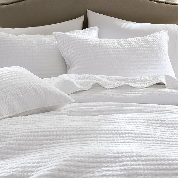 WDCOZY 100% Cotton Twin Size Quilt Set - White Striped Pick Stitch Soft Lightweight Bedspread, Textured Like Linen, Farmhouse Country Rustic Coverlet, Shabby Chic Gauze Bedding, 2 Pieces