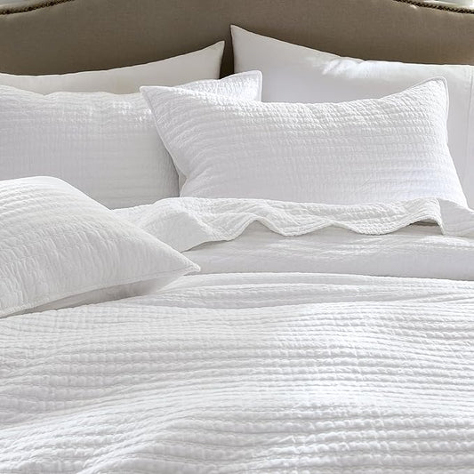 WDCOZY 100% Cotton Twin Size Quilt Set - White Striped Pick Stitch Soft Lightweight Bedspread, Textured Like Linen, Farmhouse Country Rustic Coverlet, Shabby Chic Gauze Bedding, 2 Pieces