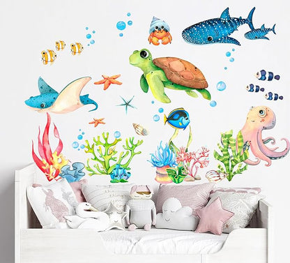 Ocean Playground Wall Decal - Cartoon Underwater Fun with Turtle, Whale, and Octopus, Removable Reusable Peel-and-Stick Fabric Stickers for Kids' Room Décor