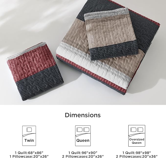 Litanika Quilt Queen Size Black and Red, Stripe Patchwork Summer Bedspread Coverlet 3 Pieces, Soft Lightweight Microfiber Quilted Bedding Set for All Season(1 Quilt, 2 Pillowcases)