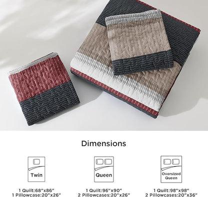 Litanika Quilt Queen Size Black and Red, Stripe Patchwork Summer Bedspread Coverlet 3 Pieces, Soft Lightweight Microfiber Quilted Bedding Set for All Season(1 Quilt, 2 Pillowcases)