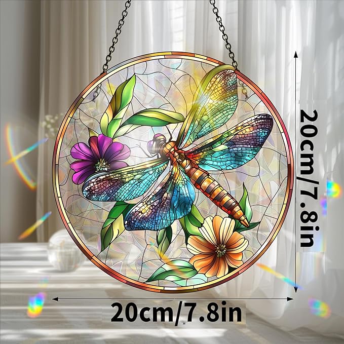 Bimkole Dragonfly Sun Catchers Indoor Window - Flowers Acrylic Suncatcher Hanging Decoration for Living Room Bedroom Summer Home Balcony Outdoor Garden Ornaments Decoration 7.8x7.8 Inch