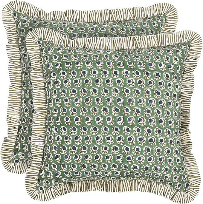 Ridhi Modern Farmhouse Pillow Covers Decorative Cotton Throw Pillow Covers Set of 2 Basil Green Cushion Covers with Ruffle for Couch Sofa Bed Living Room Spring Home Decor 16x16