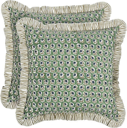 Ridhi Modern Farmhouse Pillow Covers Decorative Cotton Throw Pillow Covers Set of 2 Basil Green Cushion Covers with Ruffle for Couch Sofa Bed Living Room Spring Home Decor 16x16