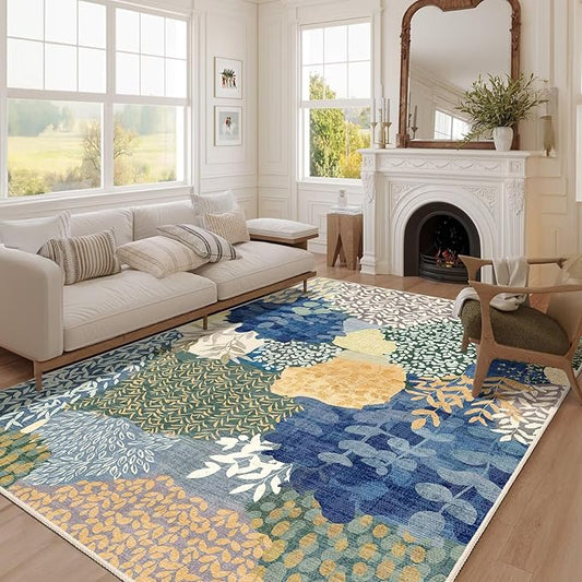 DEXDE Blue Area Rugs 5x7 Tropical Washable Non-Slip Abstract Leaf Floral Boho Soft Rug for Living Room Bedroom Botanical Large Carpet for Entryway, Kids Playroom, Office Decor
