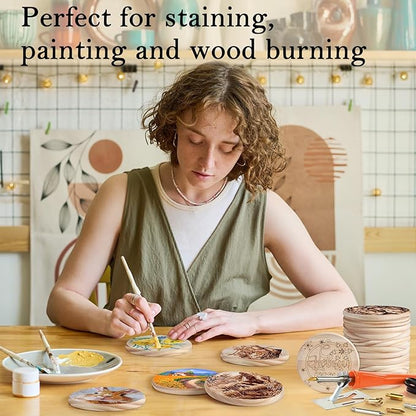 12 PCS 5 Inch Unfinished Wood Coasters, GOH DODD 4 Inch Wooden Blanks with Non-Slip Pads for Laser Engraving Wood Burning Staining Painting Decoupage Housewarming Gifts Wedding Crafts Education, Round