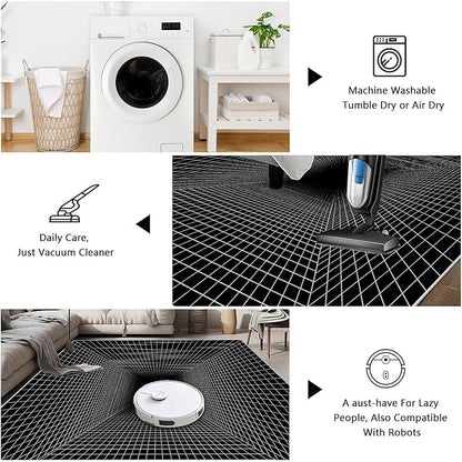 Optical Illusion Rug - Washable Rugs 5x7, Abstract Geometric Lines Soft Neutral Indoor Floor Mats Plaid Carpet, Non-Slip Stain Resistant Modern Black Rug for Bedroom, Living Room Rugs
