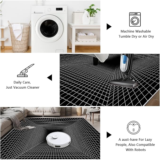Optical Illusion Rug - Washable Rugs 2x3, Abstract Geometric Lines Soft Neutral Indoor Floor Mats Plaid Carpet, Non-Slip Stain Resistant Modern Black Rug for Bedroom, Living Room Rugs