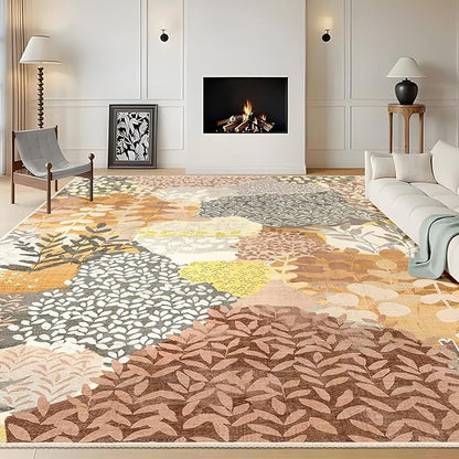 DEXDE Fall Large Area Rugs 9x12 Living Room, Floral Washable Rug Boho Print Vintage Low Pile Non Slip Carpet for Bedroom Kids Room Nursery Office Dinning Room,Camel