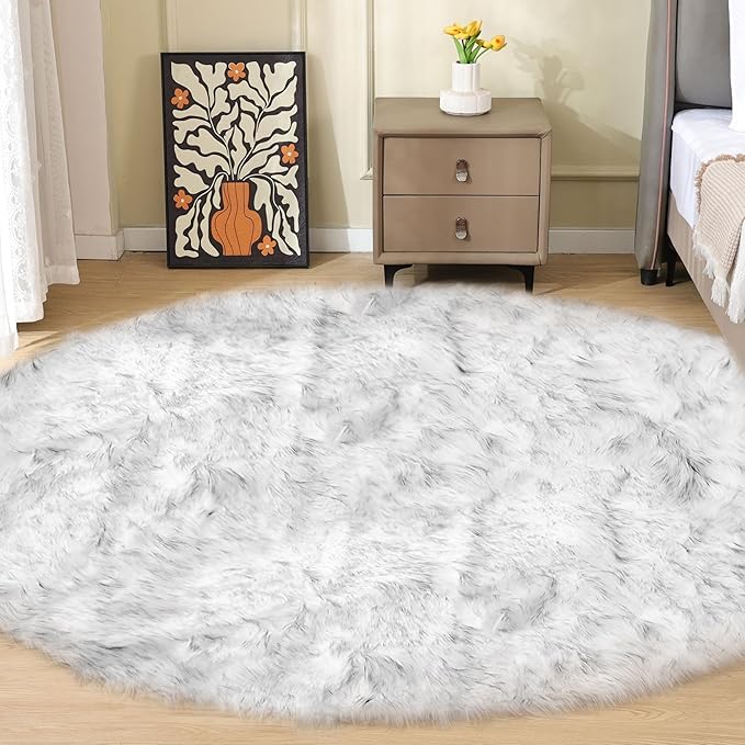 White and Grey Shaggy Round Rugs 6.6ft Large Circle Washable Faux Sheepskin Furry Fur Rugs for Bedroom Living Room Nursery Rug Home Décor