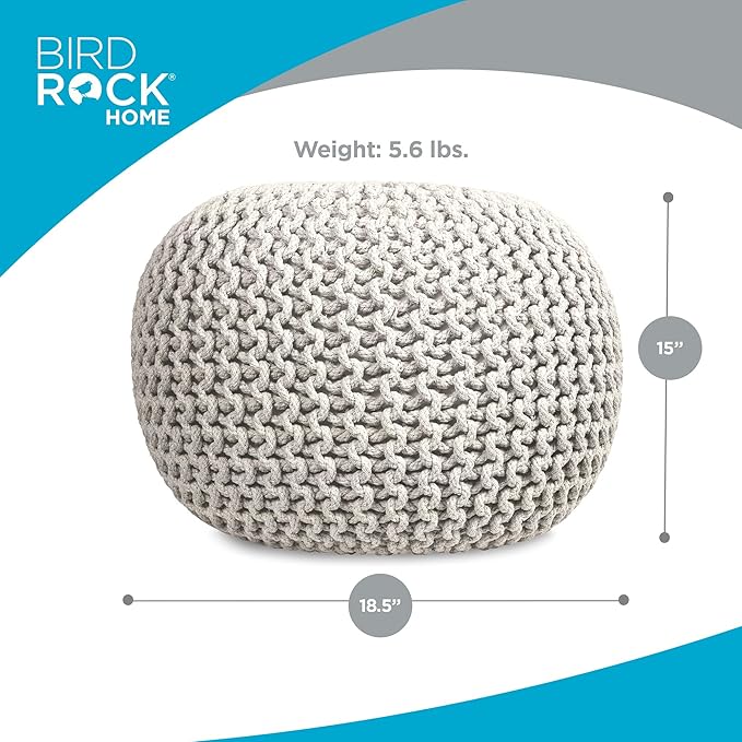 BIRDROCK HOME Round Pouf Ottoman | Cotton Braided Foot Stool with Bean Bag Filling | Boho Foot Rest for Living Room & Bedroom | Compact & Comfortable Seating, Lightweight & Soft | Natural