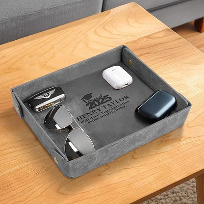 Engraved PU Leather Valet Tray – Personalized Catchall with Custom Name for Desk, Dresser, or Nightstand – Compact Organizer for Keys, Wallet, Jewelry – Graduation Gift for Him or Her – Grey