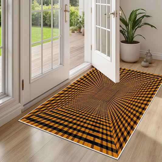 3D Rugs Optical Illusion - Plaid Rug 5x6, Geometric Stripes Soft Neutral Indoor Floor Mats Carpet, Non-Slip Stain Resistant Modern Orange Rug for Bedroom, Living Room Rugs
