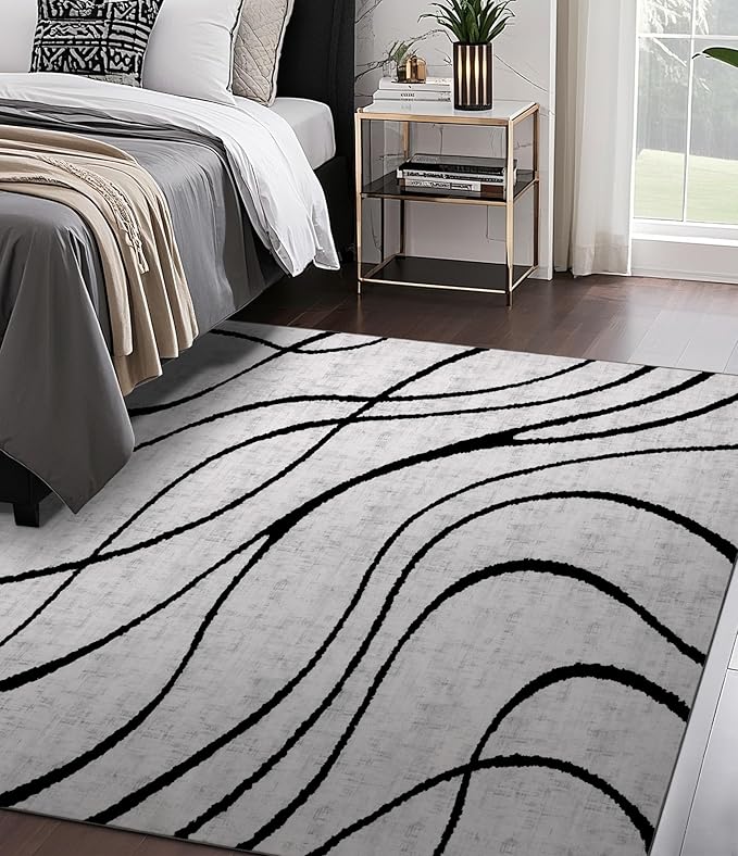 YIHOUSE Modern Area Rugs for Bedroom,5x7 Washable Black and White Rug, Thin Abstract Geometric Minimalist Striped Rug, Black Rugs for Bedroom,Kitchen,Dining Room Office