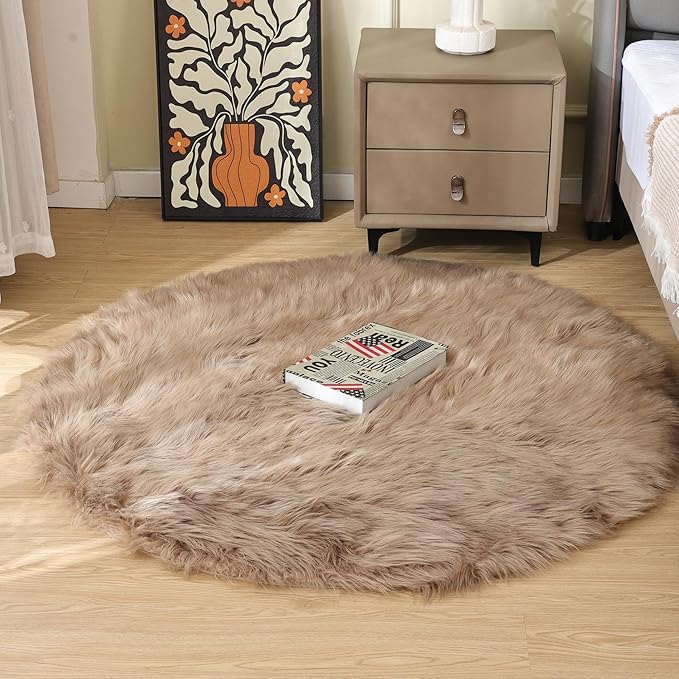 Beige Round Rugs 6ft Fuzzy Faux Sheepskin Washable Fluffy Fur Area Rugs for Bedroom Large Circle Nursery Living Room Shag Rug