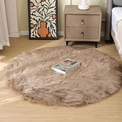Beige Round Rugs 6ft Fuzzy Faux Sheepskin Washable Fluffy Fur Area Rugs for Bedroom Large Circle Nursery Living Room Shag Rug