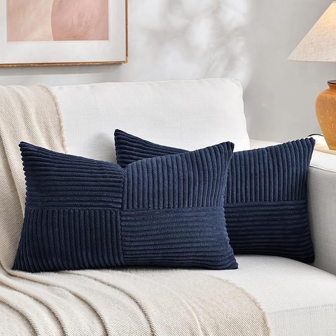 Fancy Homi 2 Packs Navy Blue Lumbar Decorative Throw Pillow Covers 16x28 Inch for Living Room Couch, Rustic Farmhouse Boho Home Decor, Soft Striped Corduroy Rectangle Accent Cushion Case 40x70 cm