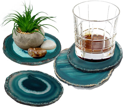 AMOYSTONE Teal Agate Coasters Set of 4, 3-3.5 Inch Handcrafted Slices, Lightweight Stone Coasters, for Teen Girl, College Dorm Room Decor