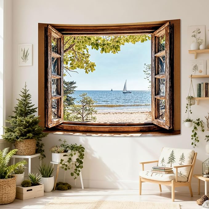 Lifeel Beach Landscape Tapestry, Tropic Ocean Tree Nature Scenic Window Tapestries for Living Room Bedroom Home Decor, 60x80 inches