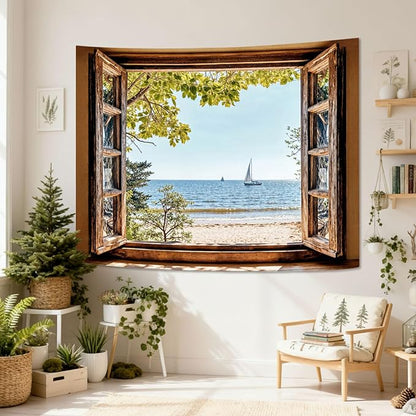 Lifeel Beach Landscape Tapestry, Tropic Ocean Tree Nature Scenic Window Tapestries for Living Room Bedroom Home Decor, 60x80 inches
