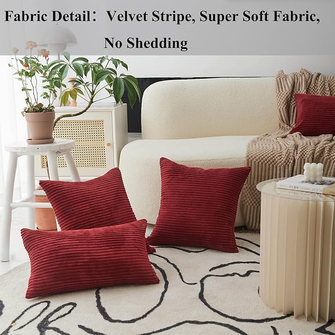 Home Brilliant Red Pillow Covers for Bed Decorative Throw Pillows for Valentines Couch Bed Set of 2 Striped Velvet Indoor Pillow Covers, 55x55cm, 22 x 22 Inch, Burgundy