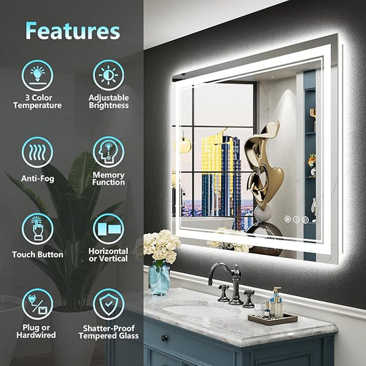 40x24 LED Bathroom Mirror with Lights, Backlit and Front Lit, Anti-Fog Lighted Vanity Mirrors for Bathroom Wall, Dimmable, 3-Color Light, Memory, Shatter-Proof, HD Tempered Glass, CRI＞90