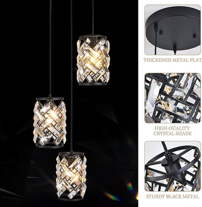 Black Crystal Pendant Lights Kitchen island, Adjustable Hanging Chandelier with Ambient Lighting, 51 Inch Chain, E12 Base, Plated Modern Farmhouse Fixture for Dining Room, Bedroom, Living Room