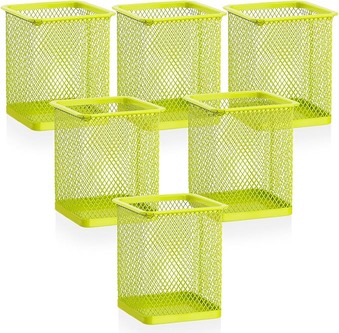 Segarty Pen Cup Holder, 6 Pack Square Light Green Pen Holder for Desk, Cute Mesh Pencil Cups Containers for Marker, Office Supply, School Students, Home, Desktop Accessories Storage Organizer