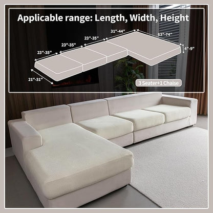 Sectional Couch Covers, Wear Resistant Stretch Sofa Covers Washable Soft Couch Cushion Covers Anti Slip Furniture Protector Sofa Slipcovers for Pets(4 Pieces 3 Seaters+1 Chaise, Ivory)